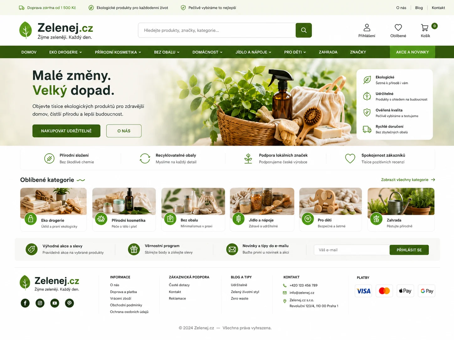 Ilustrační návrh Zelenej.cz se zeleným e-shopem a produkty pro domácnost